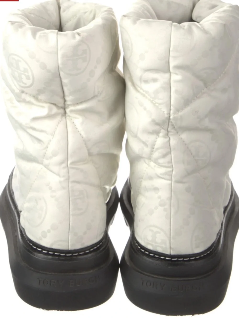 Tory Burch Off-White Quilted Logo Puffer Winter Boots with Black Sole